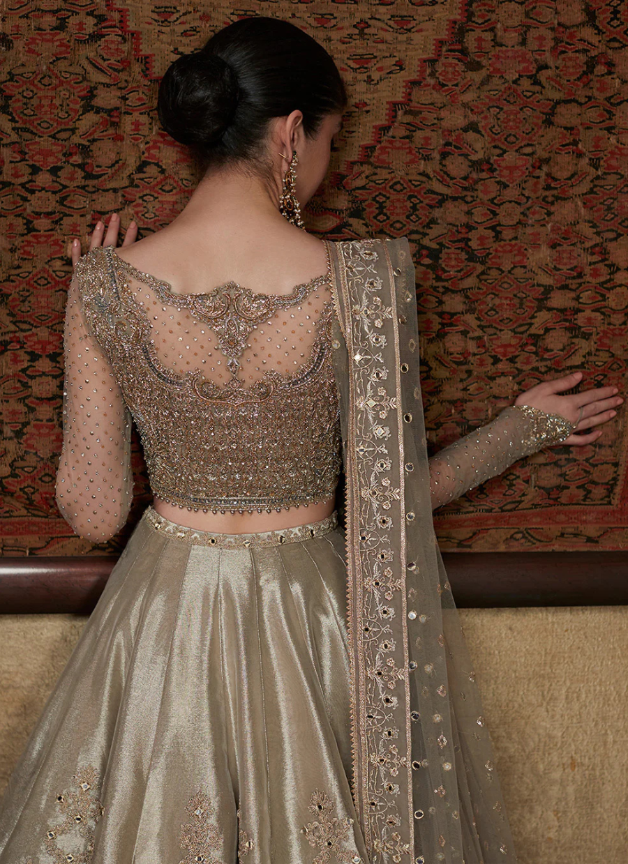 16 Champagne Gold Bridal Lehenga with Sequins and Sheer Dupatta