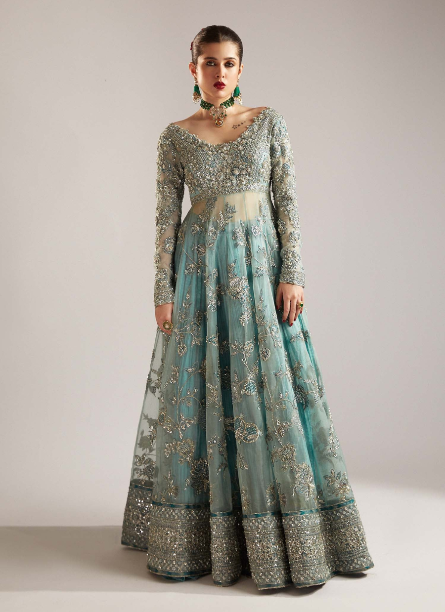 16 Sea Green Embellished Kalidaar with Silver Detailing