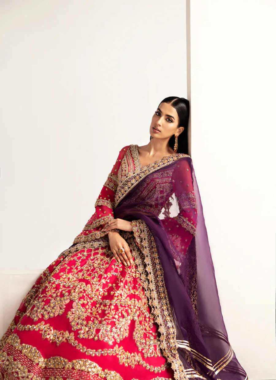 16 Hot Pink Embroidered Lehenga with Flared Sleeves and Contrasting Purple Dupatta