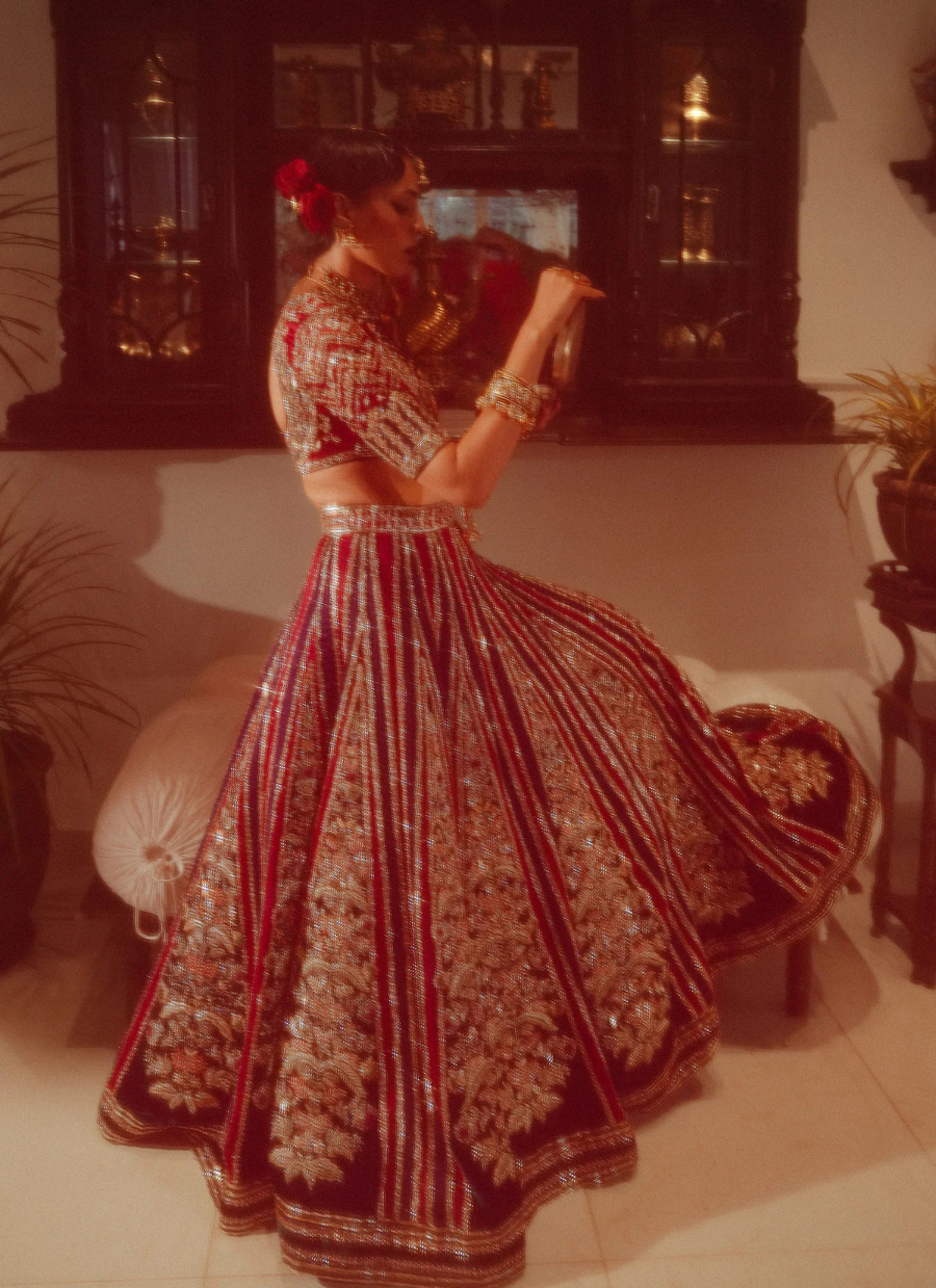Velvet Elegance – Red & Green Lehnga with Raw Silk Choli