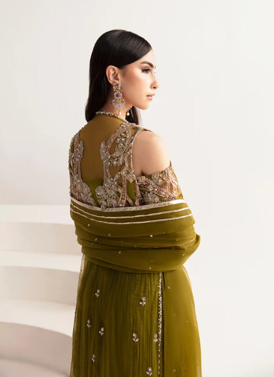 16 Olive Green Embroidered Long Dress with Sheer Dupatta