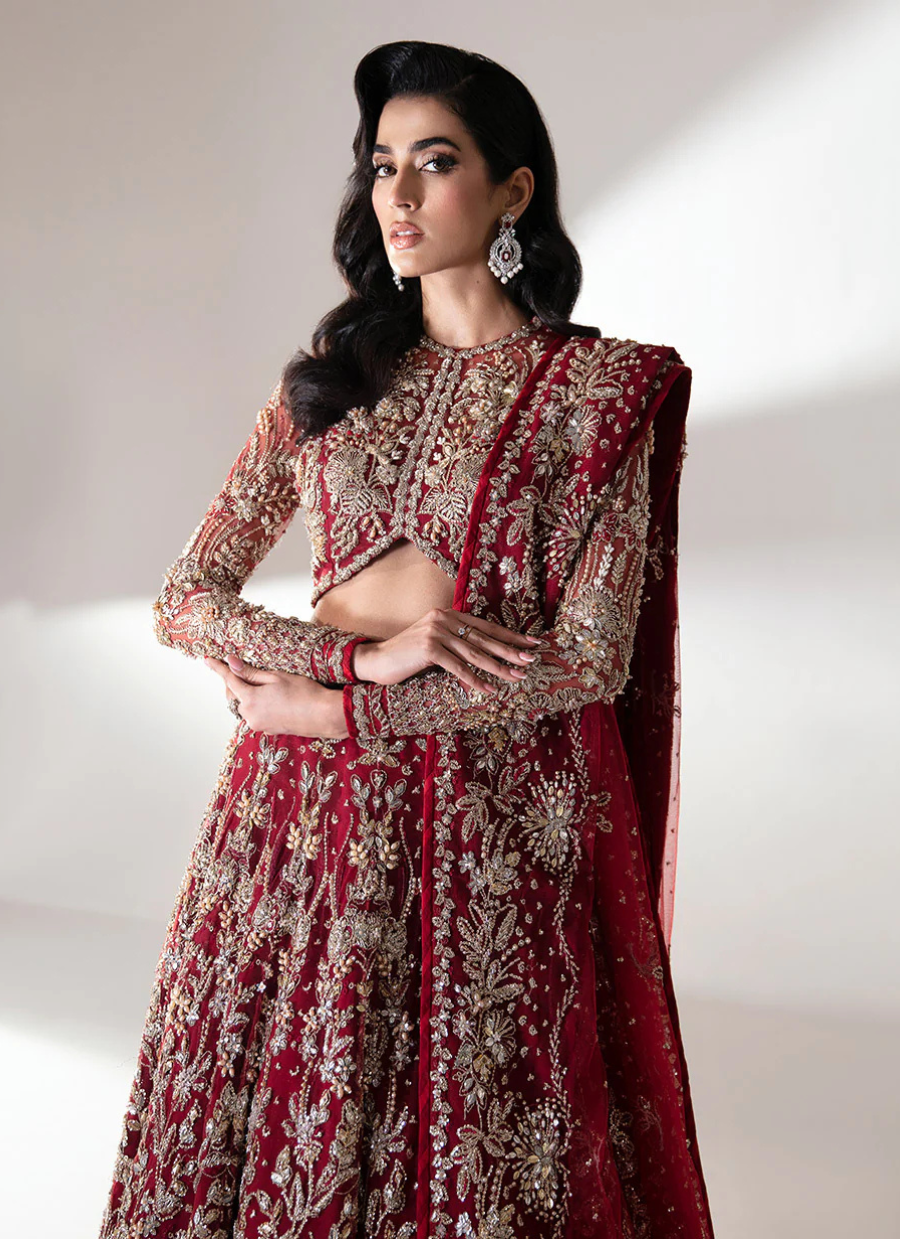 19 Deep Red Bridal Lehenga with Intricate Silver Embroidery