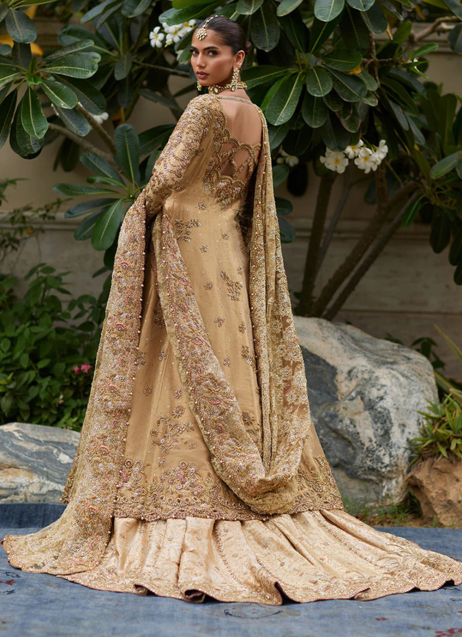 Golden Bridal Masterpiece – Zardozi Kalidaar with Pastel Accents & Sweeping Train