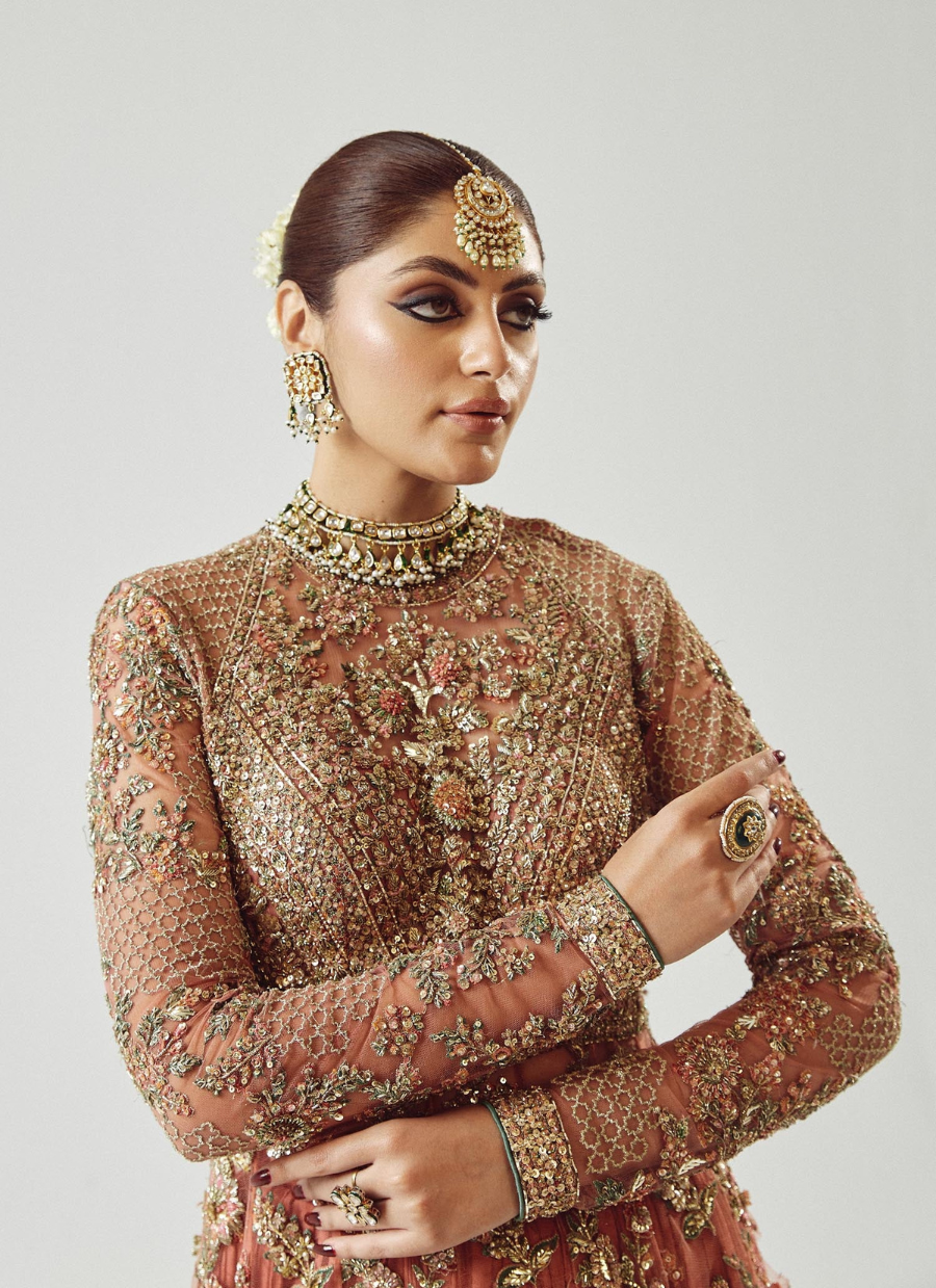 Rose Gold Peshwas Ensemble – Silk Sharara & Embellished Organza Dupatta