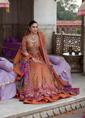 16 Rust Bridal Kalidaar with Orange Dupatta and Multicolor Embellishments