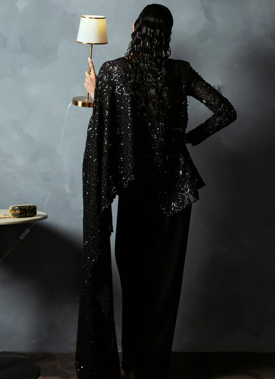 18 Black Sequin Cape Gown Ensemble