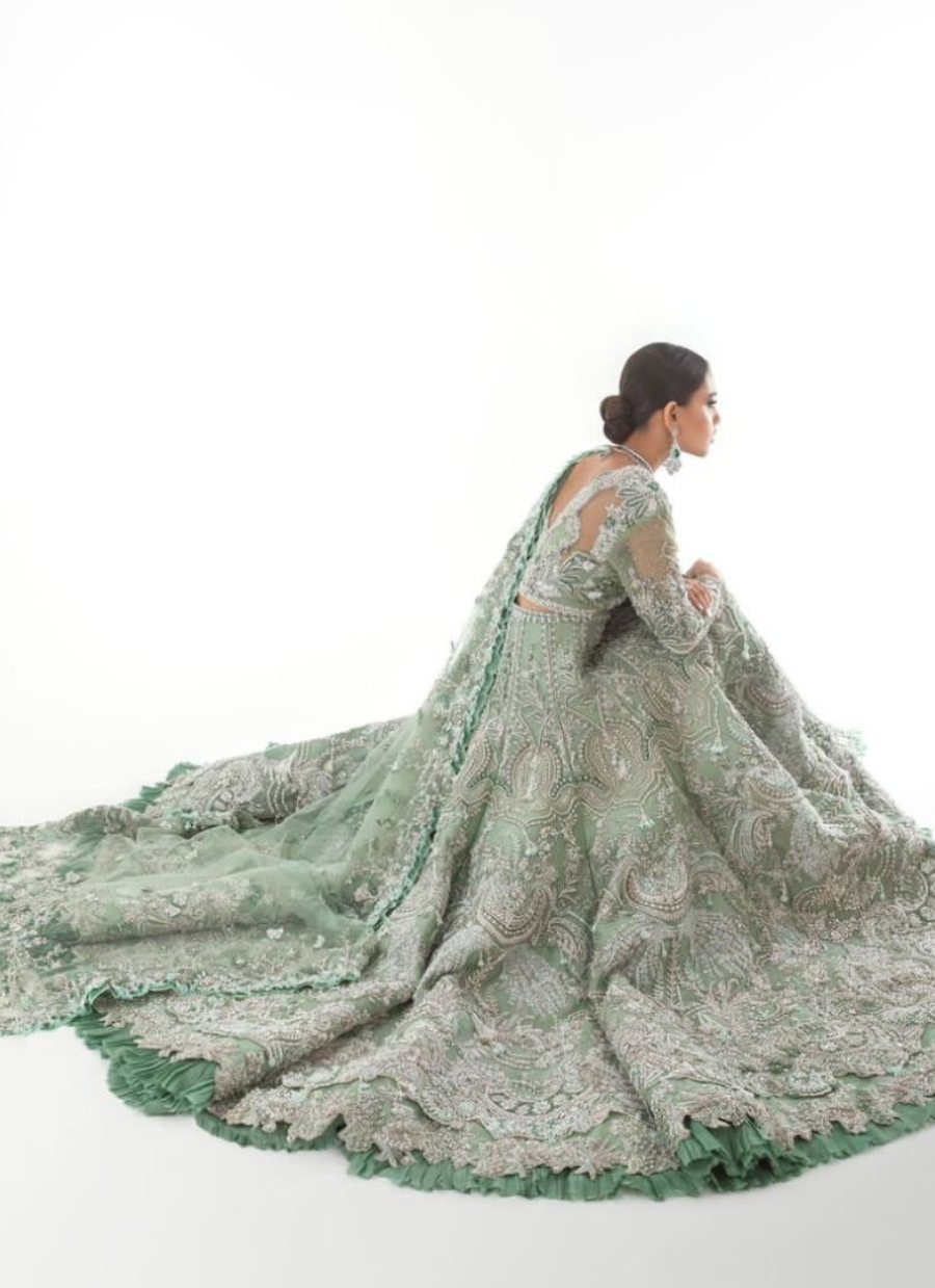 22 Mint Green Bridal Lehenga with Heavy Silver Embroidery