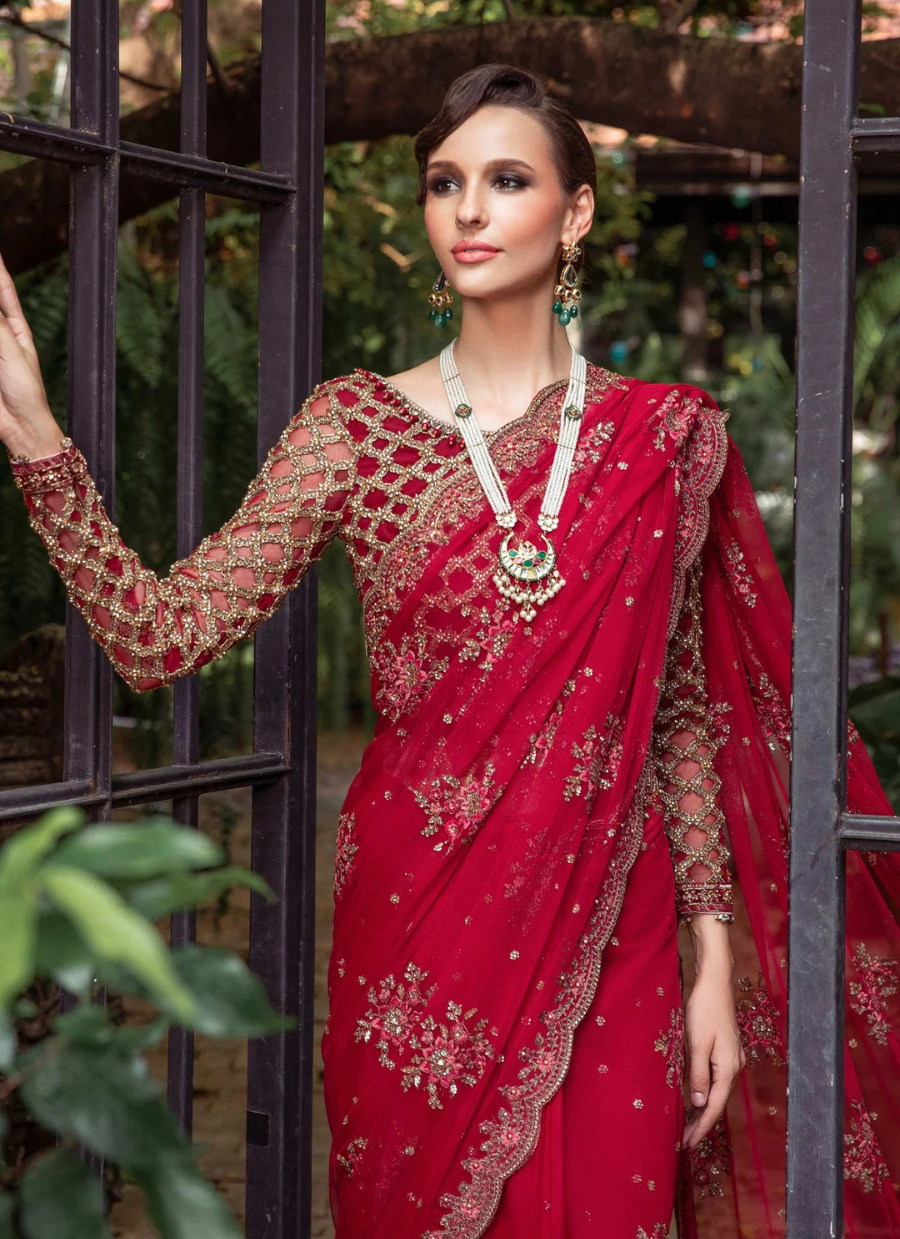 19 Red Net Embroidered Bridal Saree