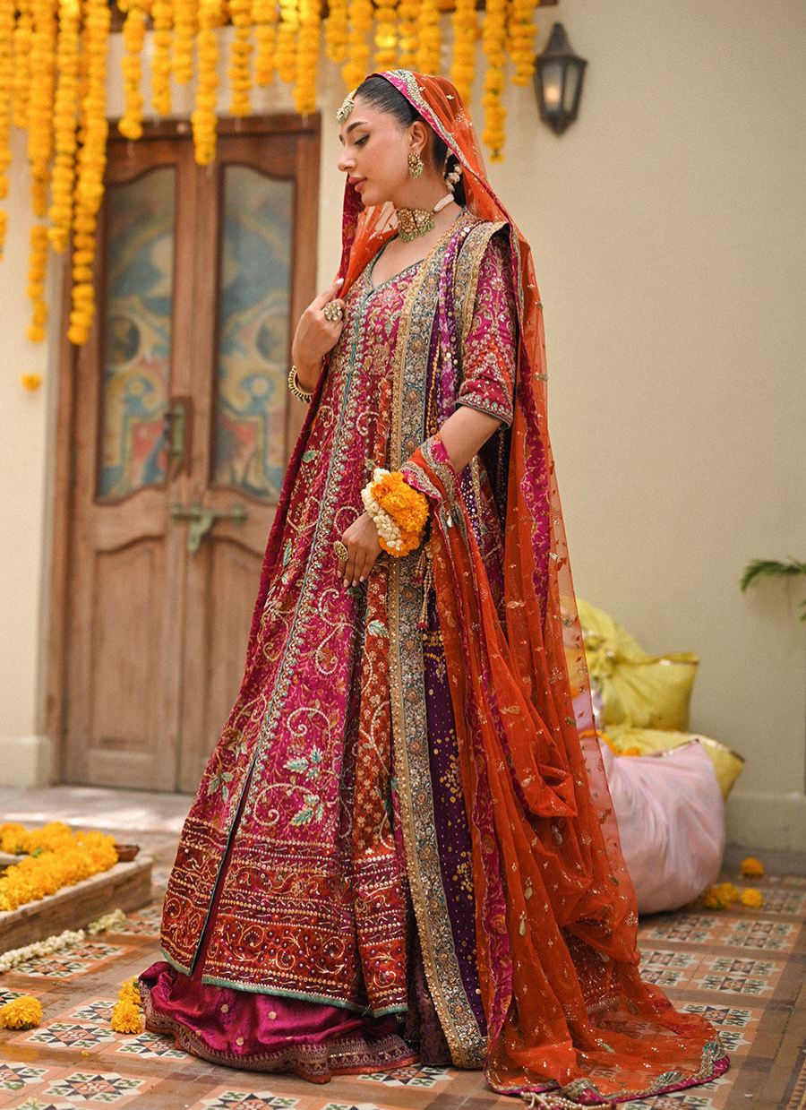 16 Magenta Kalidaar Bridal Ensemble with Orange Dupatta