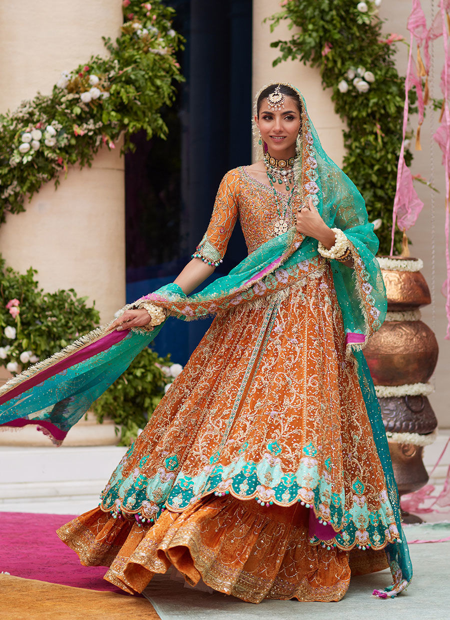 16 Rust Orange Kalidaar Bridal Ensemble with Aqua Blue Dupatta