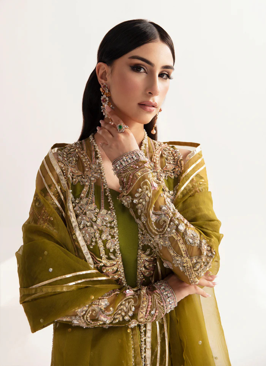 16 Olive Green Embroidered Long Dress with Sheer Dupatta