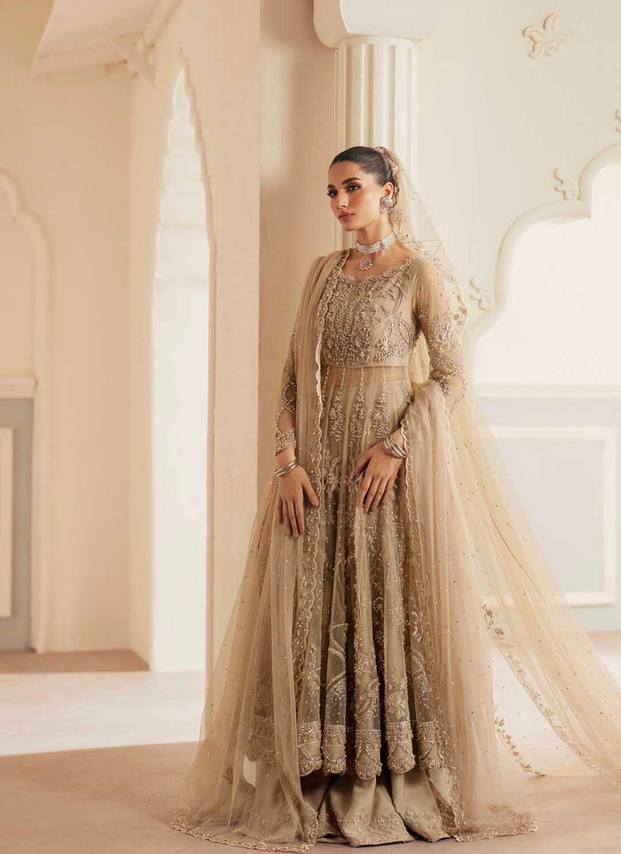 16 Champagne Gold Embroidered Long Kalidaar with Dupatta
