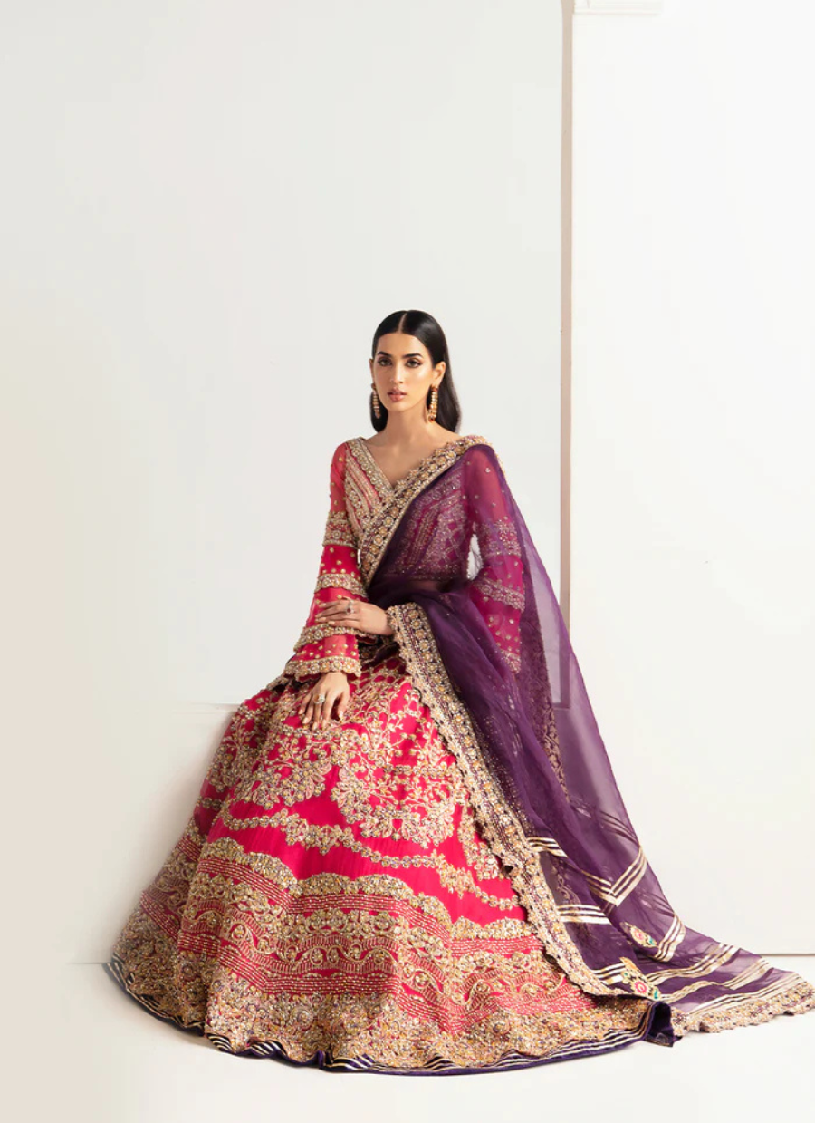 16 Hot Pink Embroidered Lehenga with Flared Sleeves and Contrasting Purple Dupatta