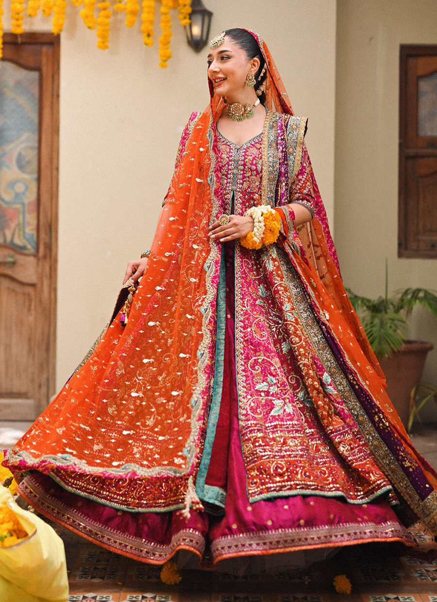 16 Magenta Kalidaar Bridal Ensemble with Orange Dupatta