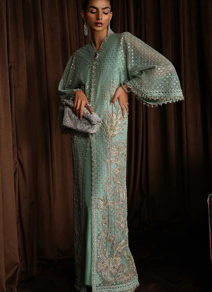 18 Mint Green Long Kaftan with Intricate Embroidery