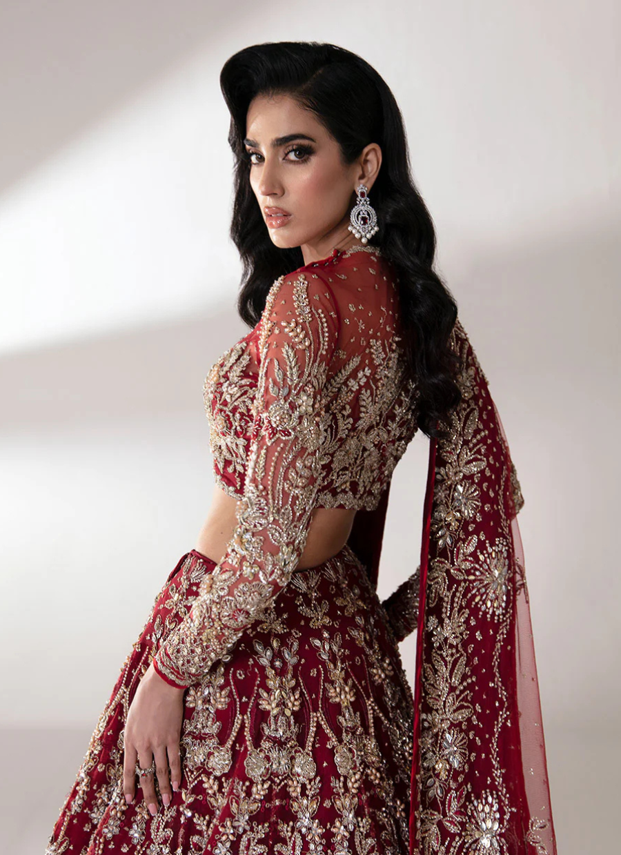 19 Deep Red Bridal Lehenga with Intricate Silver Embroidery