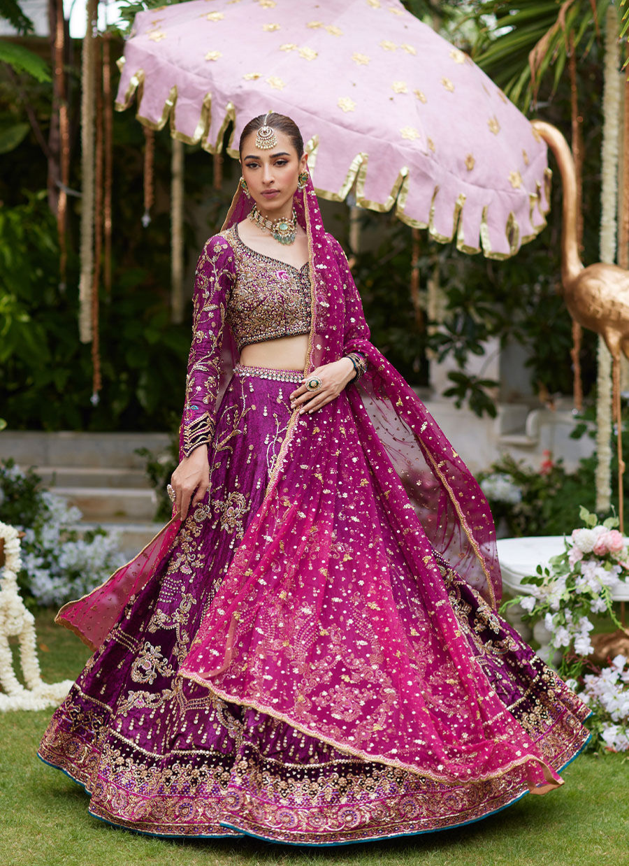 16 Plum Purple Lehenga Choli with Gold Embroidery and Pink Dupatta
