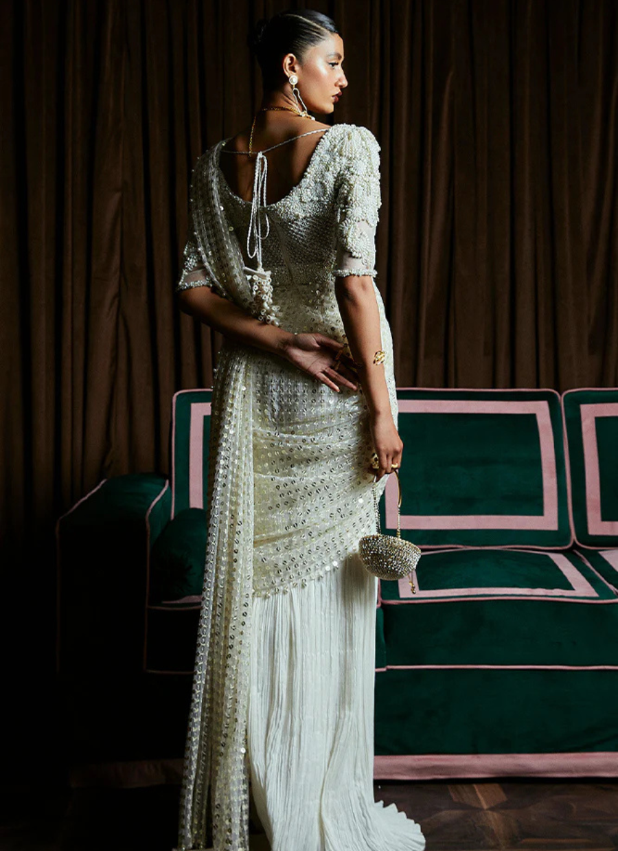 18 Ivory Embellished Contemporary Saree Gown