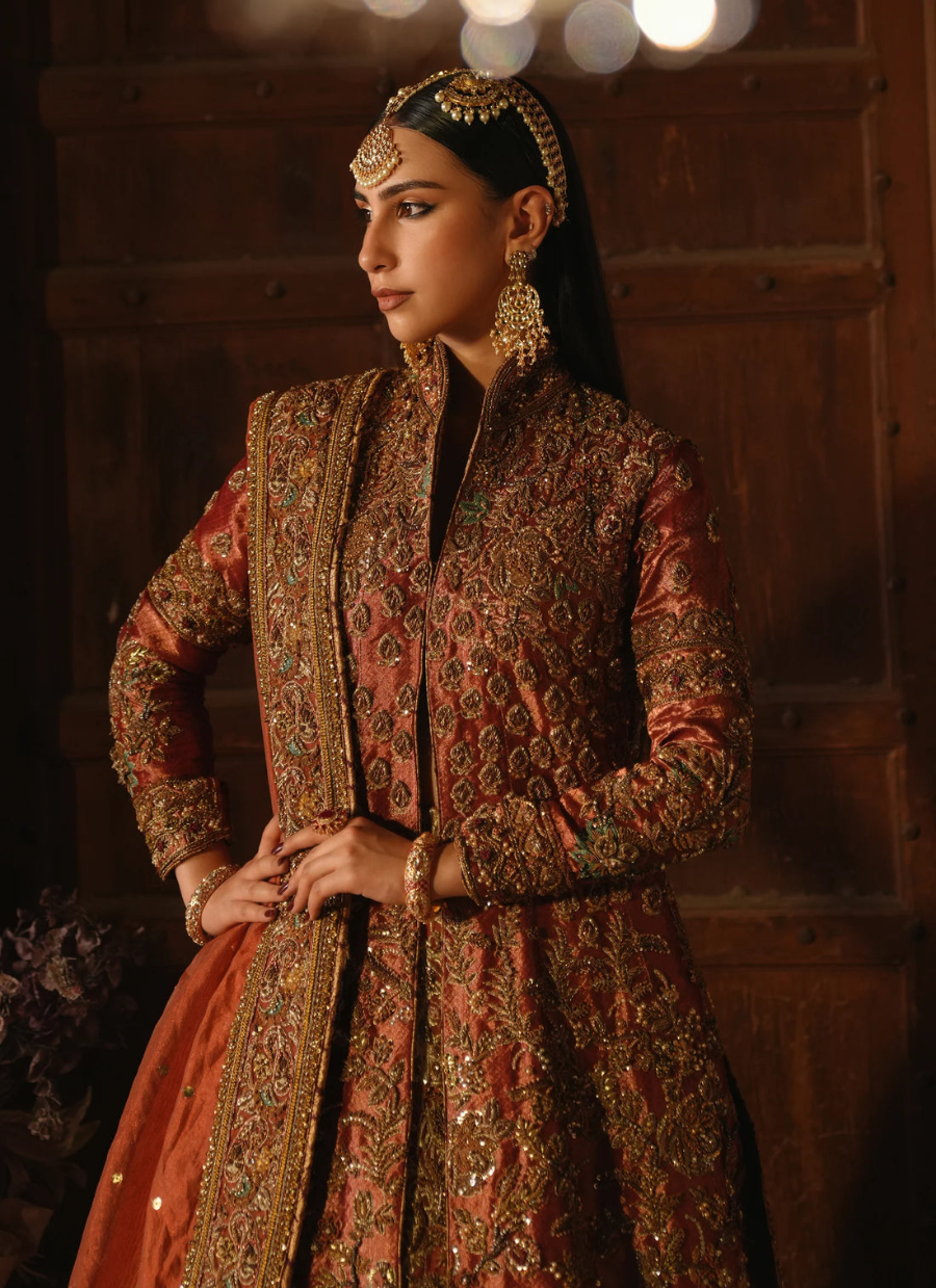 19 Rust Orange Heavily Embellished Bridal Gown with Regal Detailing