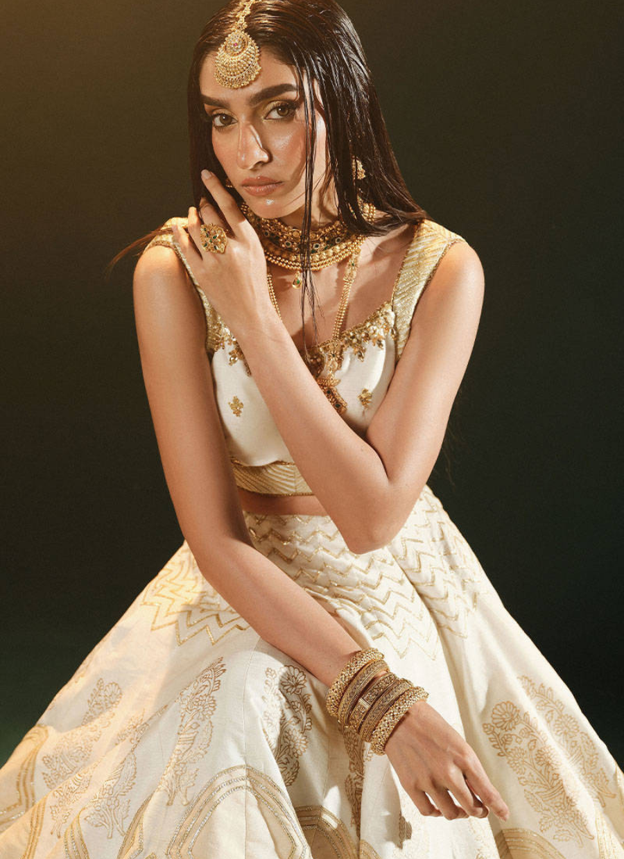 16 Golden Ivory Bridal Lehenga with Mirror Work Dupatta
