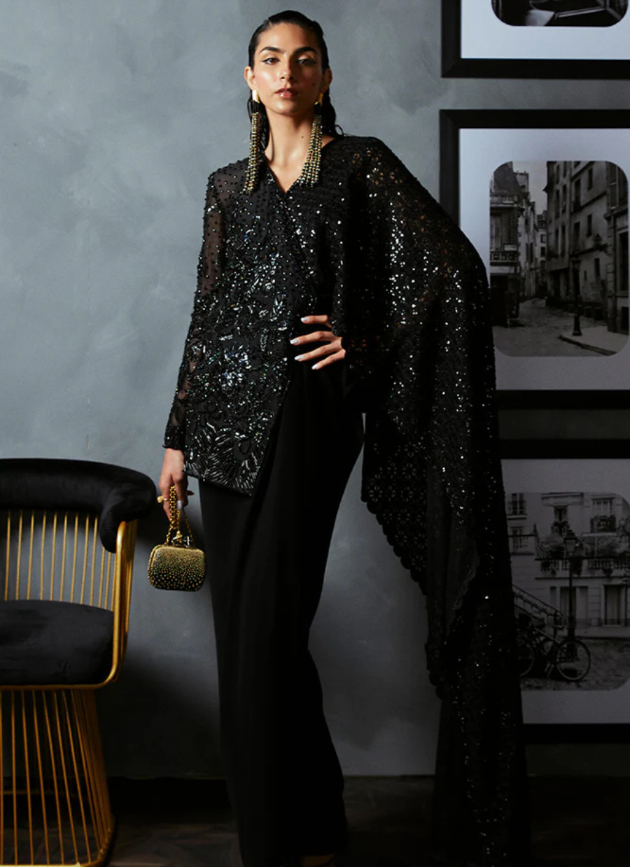 18 Black Sequin Cape Gown Ensemble