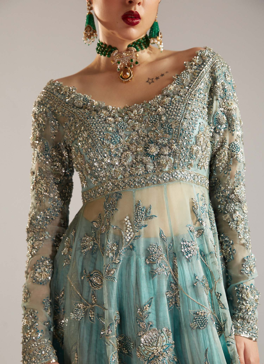 16 Sea Green Embellished Kalidaar with Silver Detailing