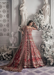 19 Red Bridal Gown with Heavy Golden Embroidery and Sheer Sleeves
