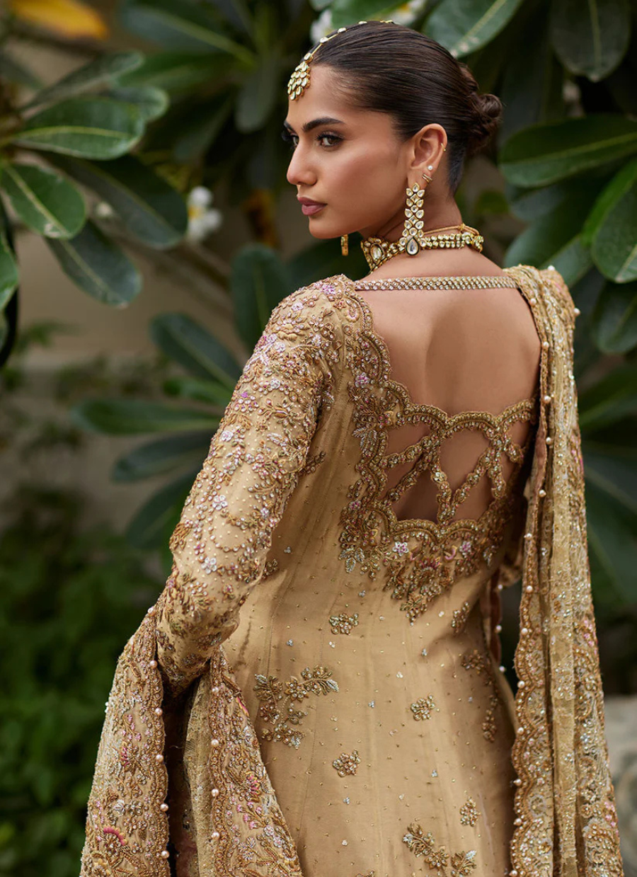 Golden Bridal Masterpiece – Zardozi Kalidaar with Pastel Accents & Sweeping Train