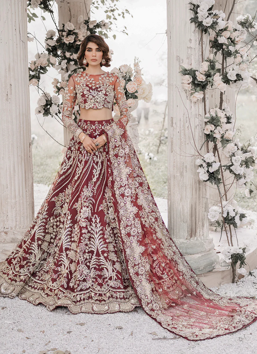 19 Maroon Bridal Lehenga with Golden Embroidered Floral Motifs