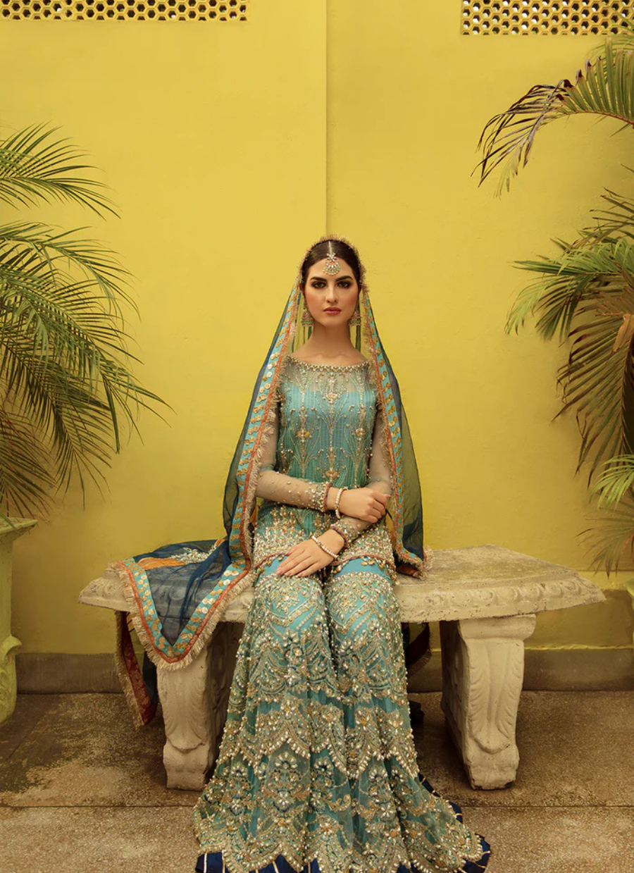 16 Teal Blue Embroidered Gharara Set with Contrasting Navy Dupatta