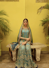 16 Teal Blue Embroidered Gharara Set with Contrasting Navy Dupatta