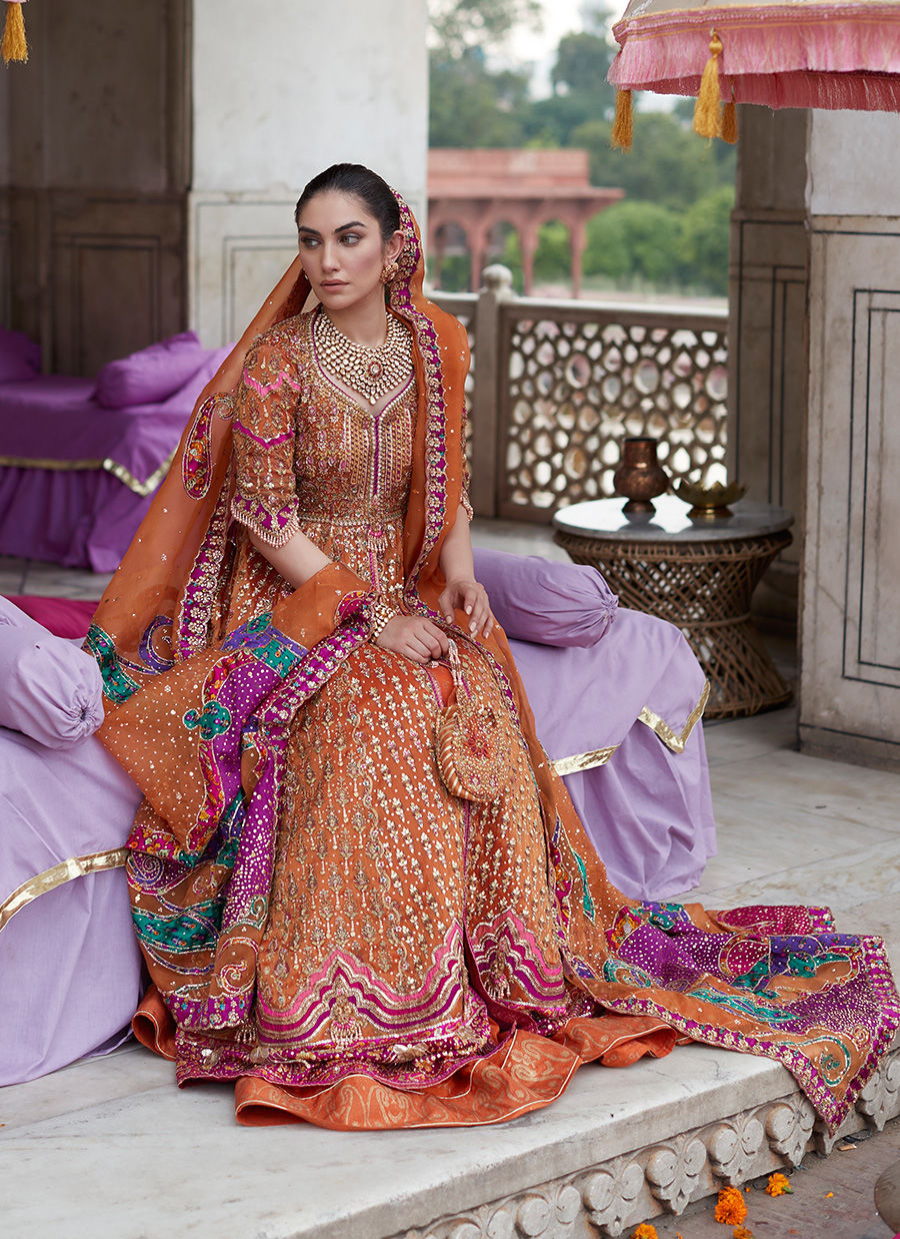 16 Rust Bridal Kalidaar with Orange Dupatta and Multicolor Embellishments