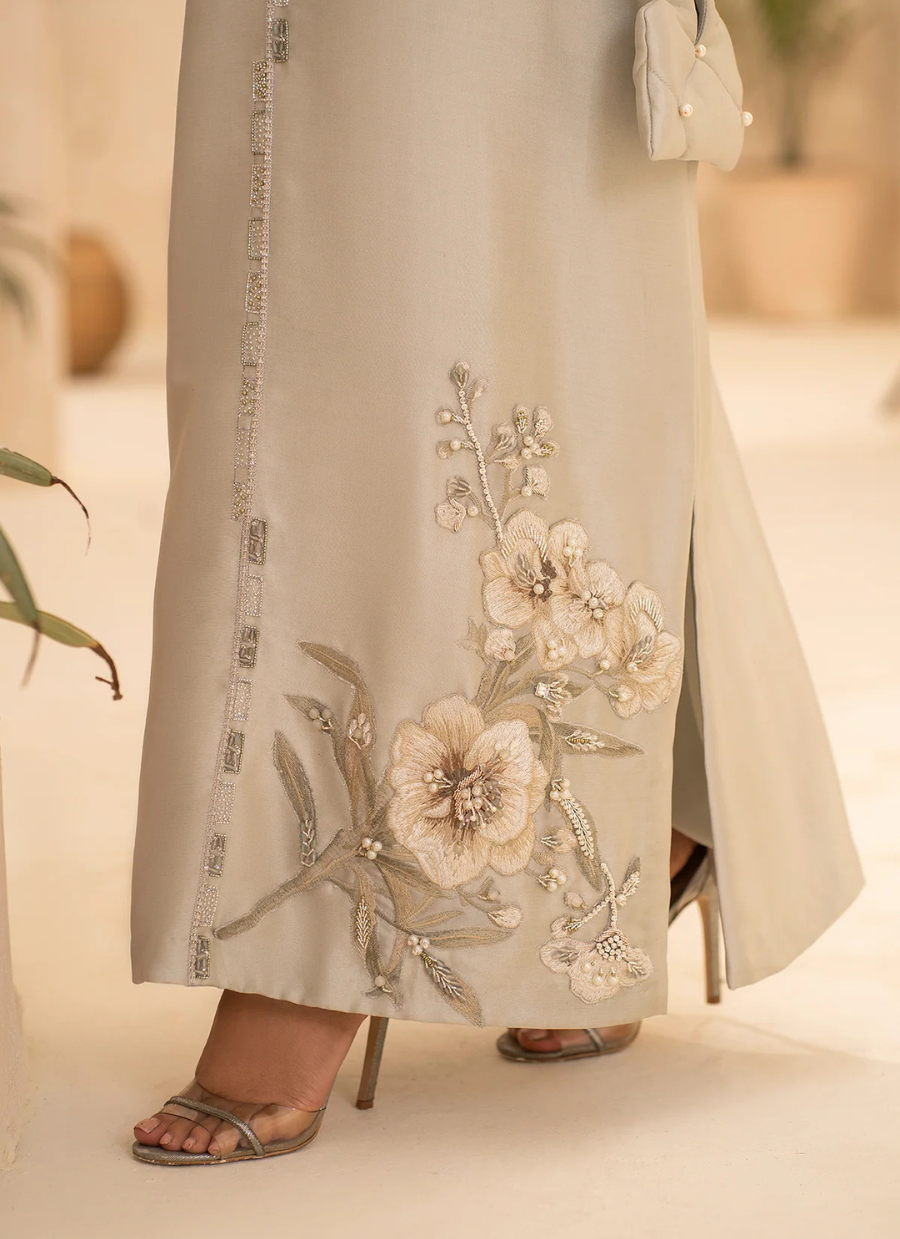 22 Pastel Grey Long Maxi with Subtle Floral Embroidery