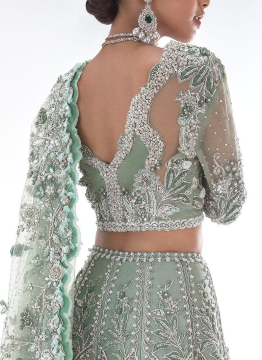 22 Mint Green Bridal Lehenga with Heavy Silver Embroidery
