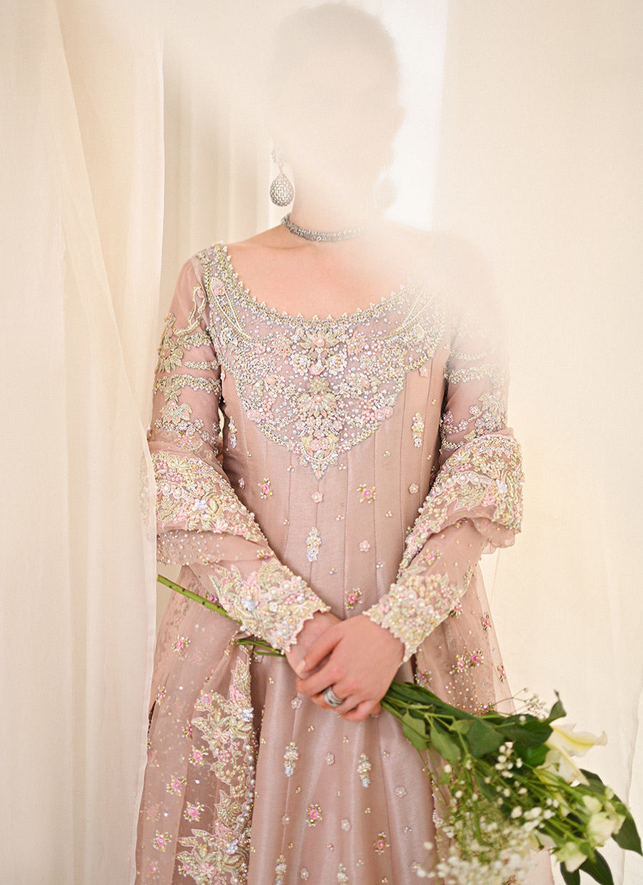 16 Blush Pink Kalidaar Bridal Ensemble with Intricate Embellishments