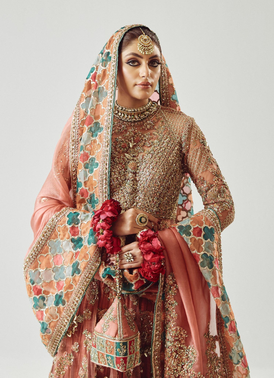 Rose Gold Peshwas Ensemble – Silk Sharara & Embellished Organza Dupatta