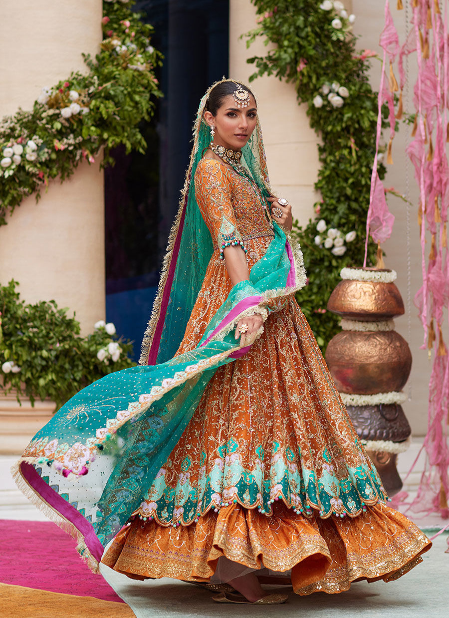 16 Rust Orange Kalidaar Bridal Ensemble with Aqua Blue Dupatta