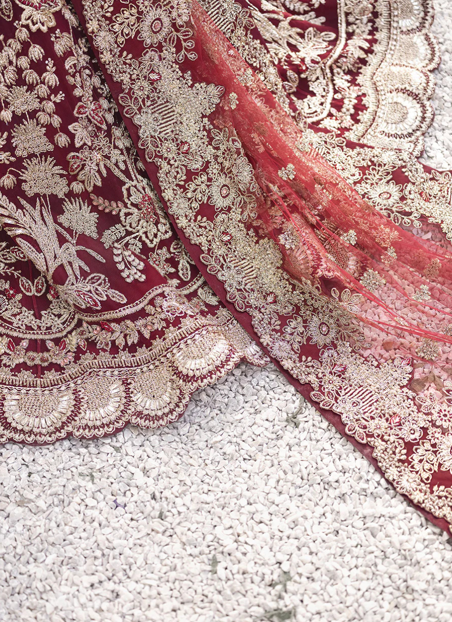 19 Maroon Bridal Lehenga with Golden Embroidered Floral Motifs