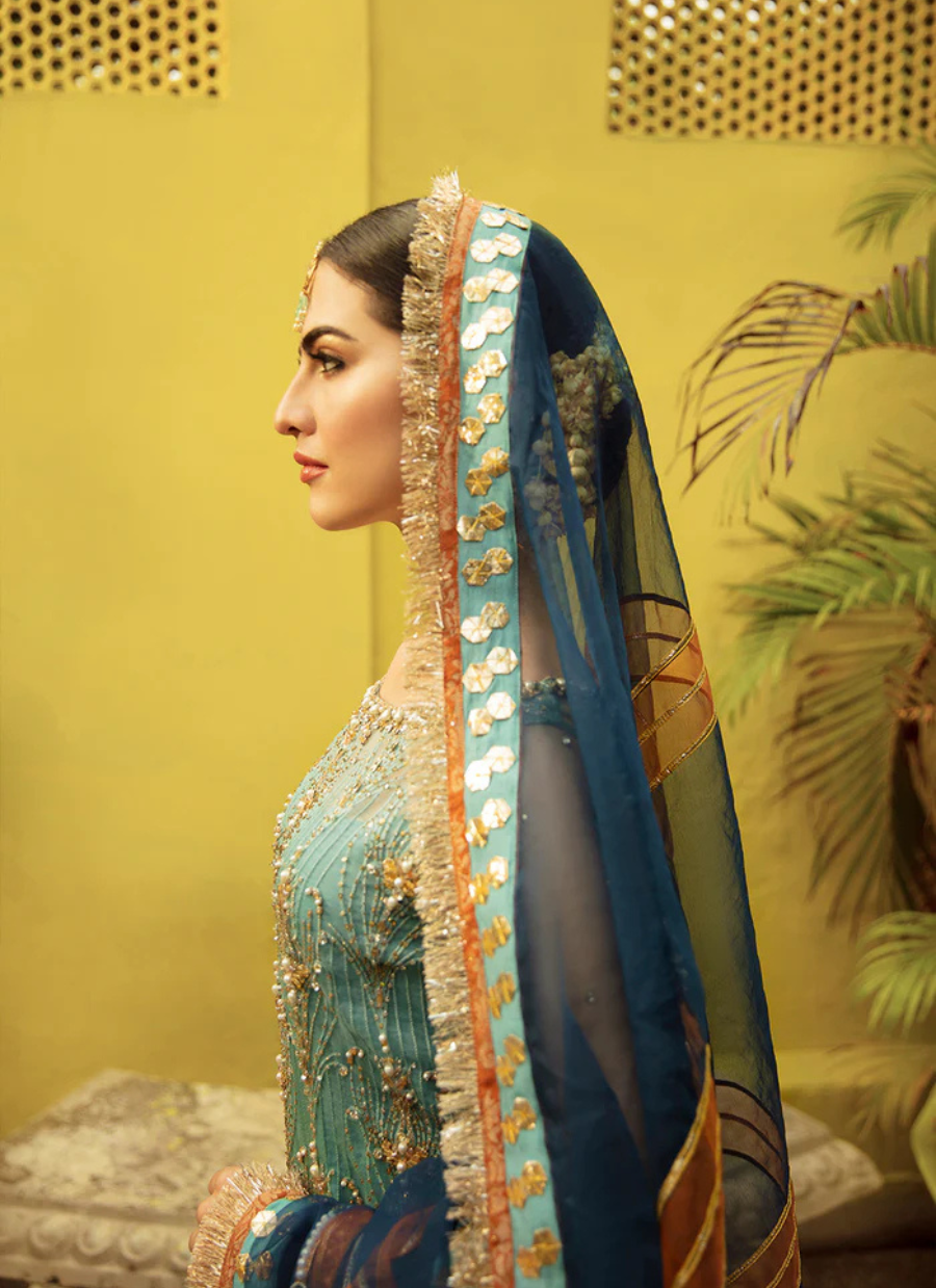 16 Teal Blue Embroidered Gharara Set with Contrasting Navy Dupatta