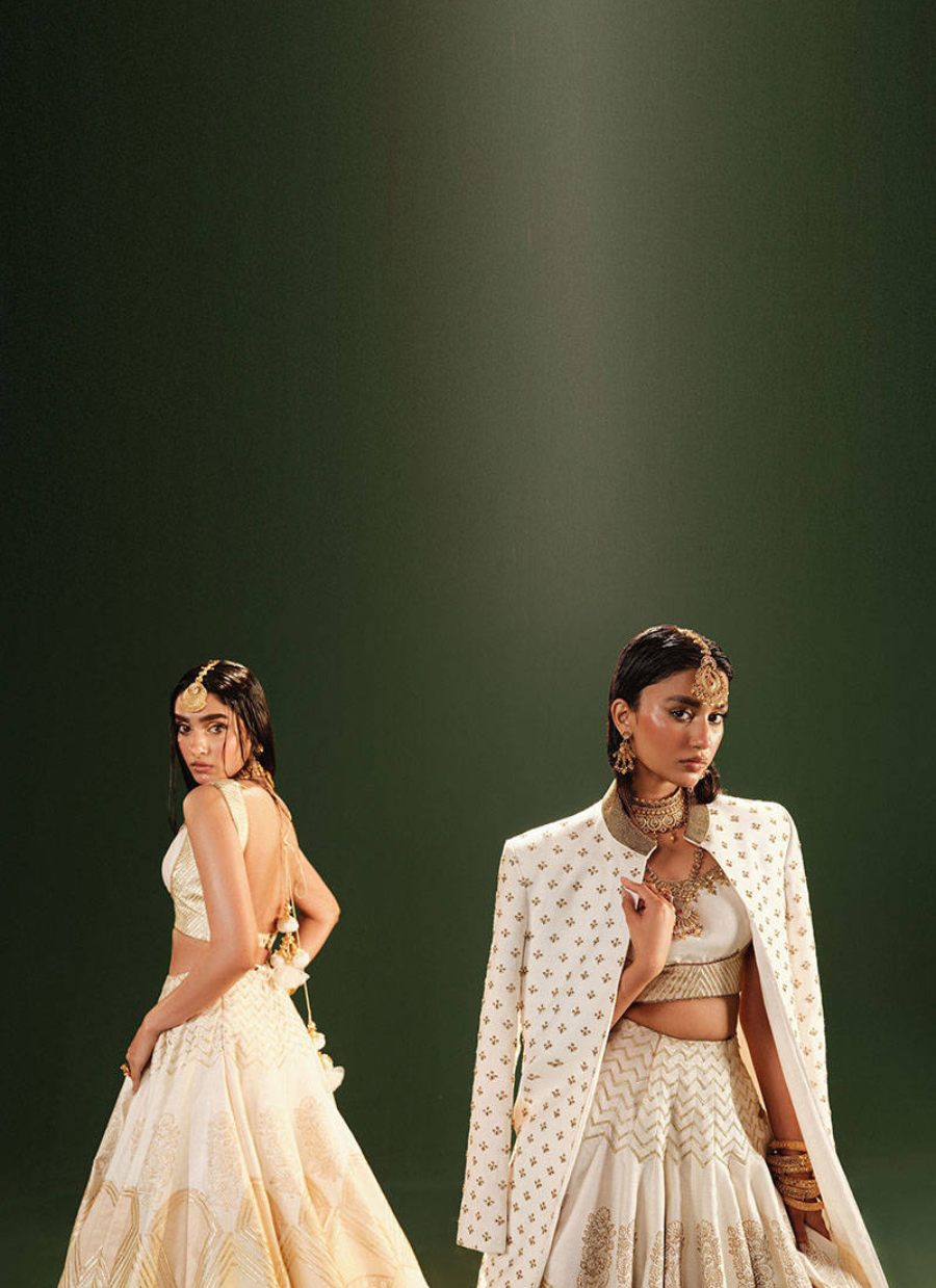 16 Golden Ivory Bridal Lehenga with Mirror Work Dupatta