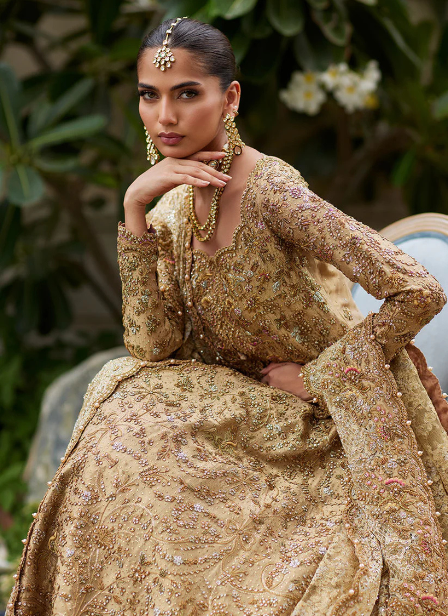 Golden Bridal Masterpiece – Zardozi Kalidaar with Pastel Accents & Sweeping Train