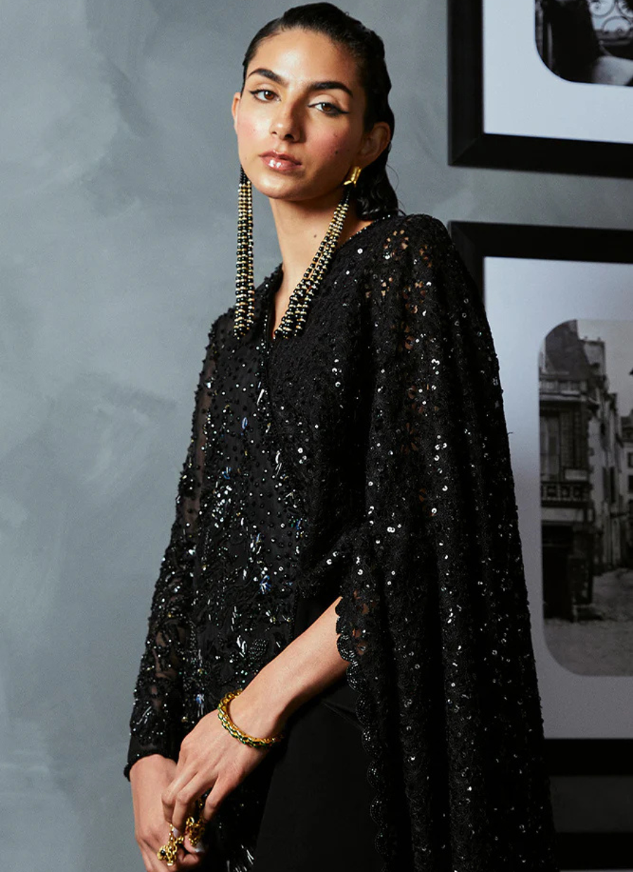 18 Black Sequin Cape Gown Ensemble