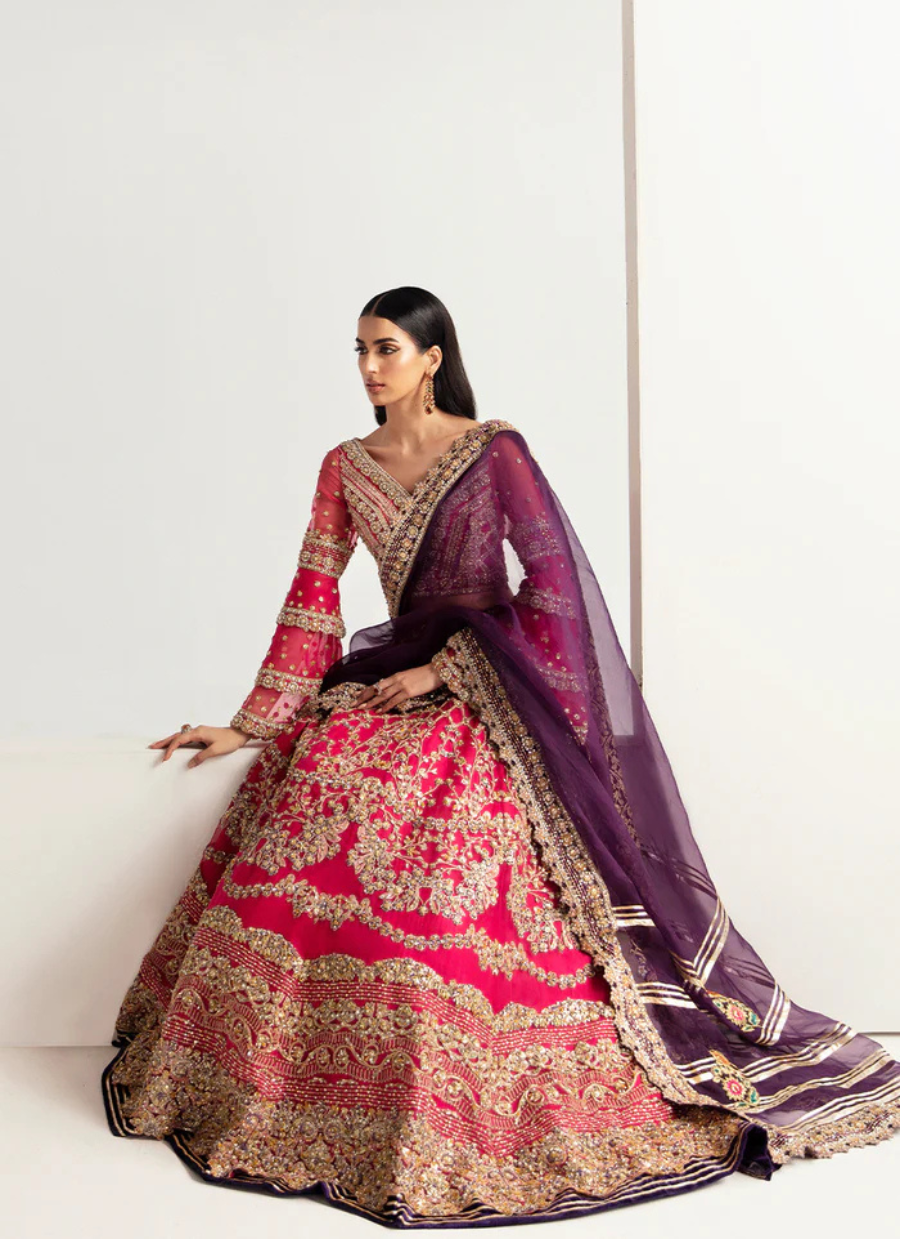 16 Hot Pink Embroidered Lehenga with Flared Sleeves and Contrasting Purple Dupatta