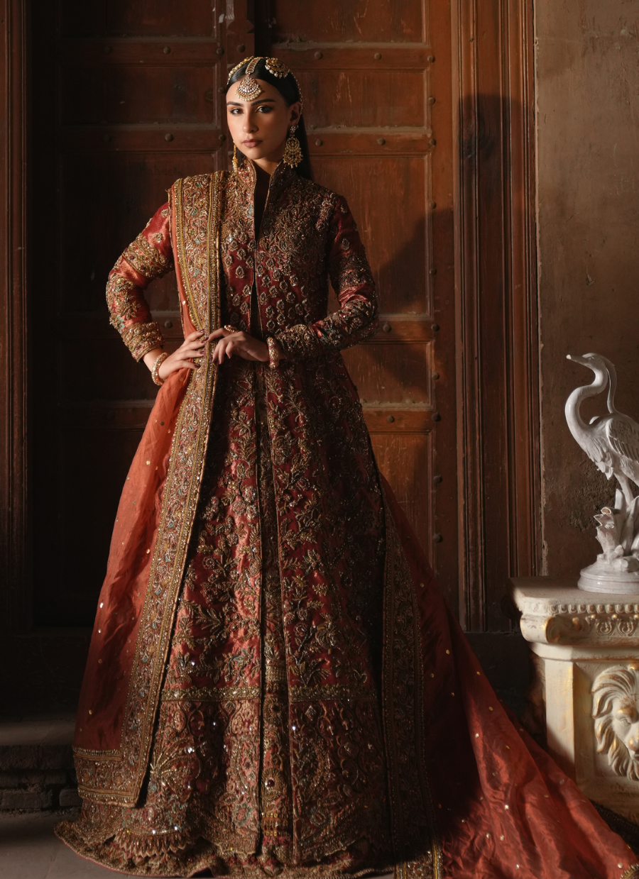 19 Rust Orange Heavily Embellished Bridal Gown with Regal Detailing