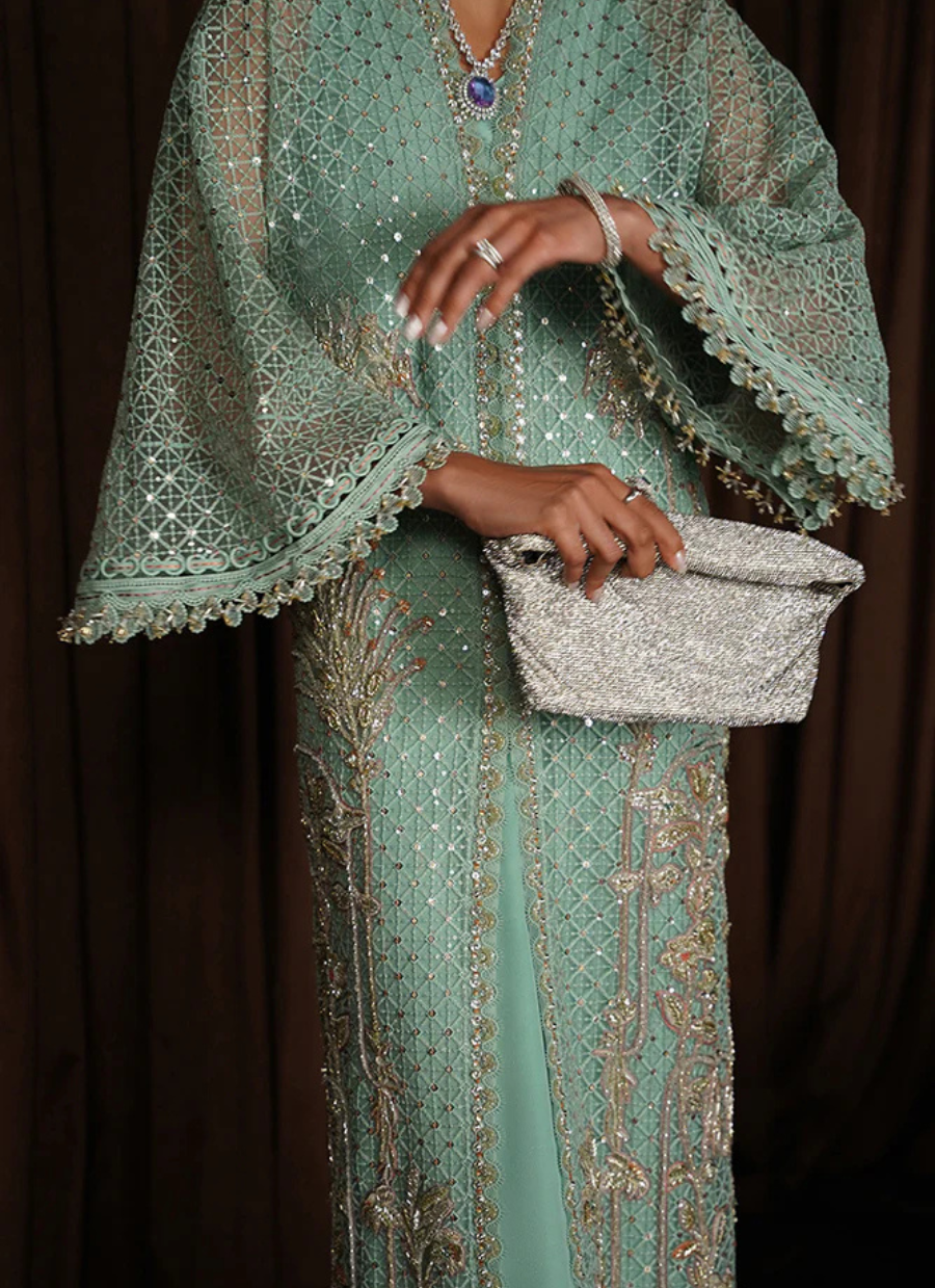 18 Mint Green Long Kaftan with Intricate Embroidery