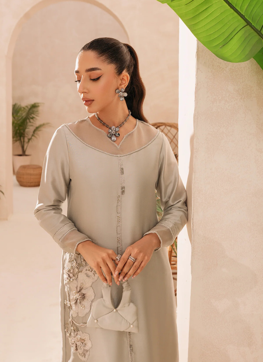 22 Pastel Grey Long Maxi with Subtle Floral Embroidery