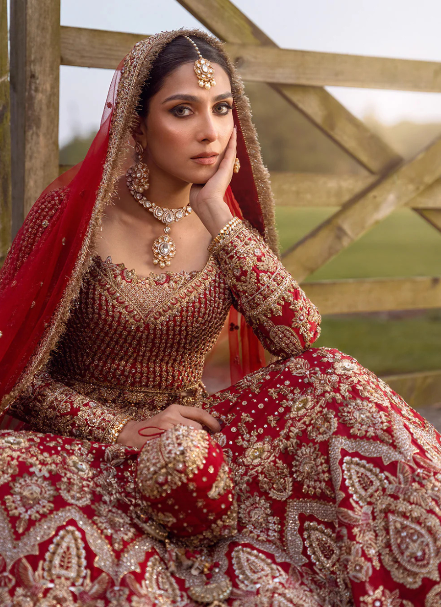 Timeless Red Bridal Attire with Dabka, Naqshi, Crystals & Pearls