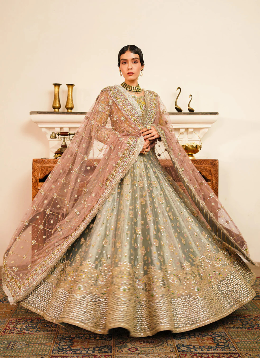 16 Mint Green Bridal Lehenga with Rose Pink Embroidered Dupatta