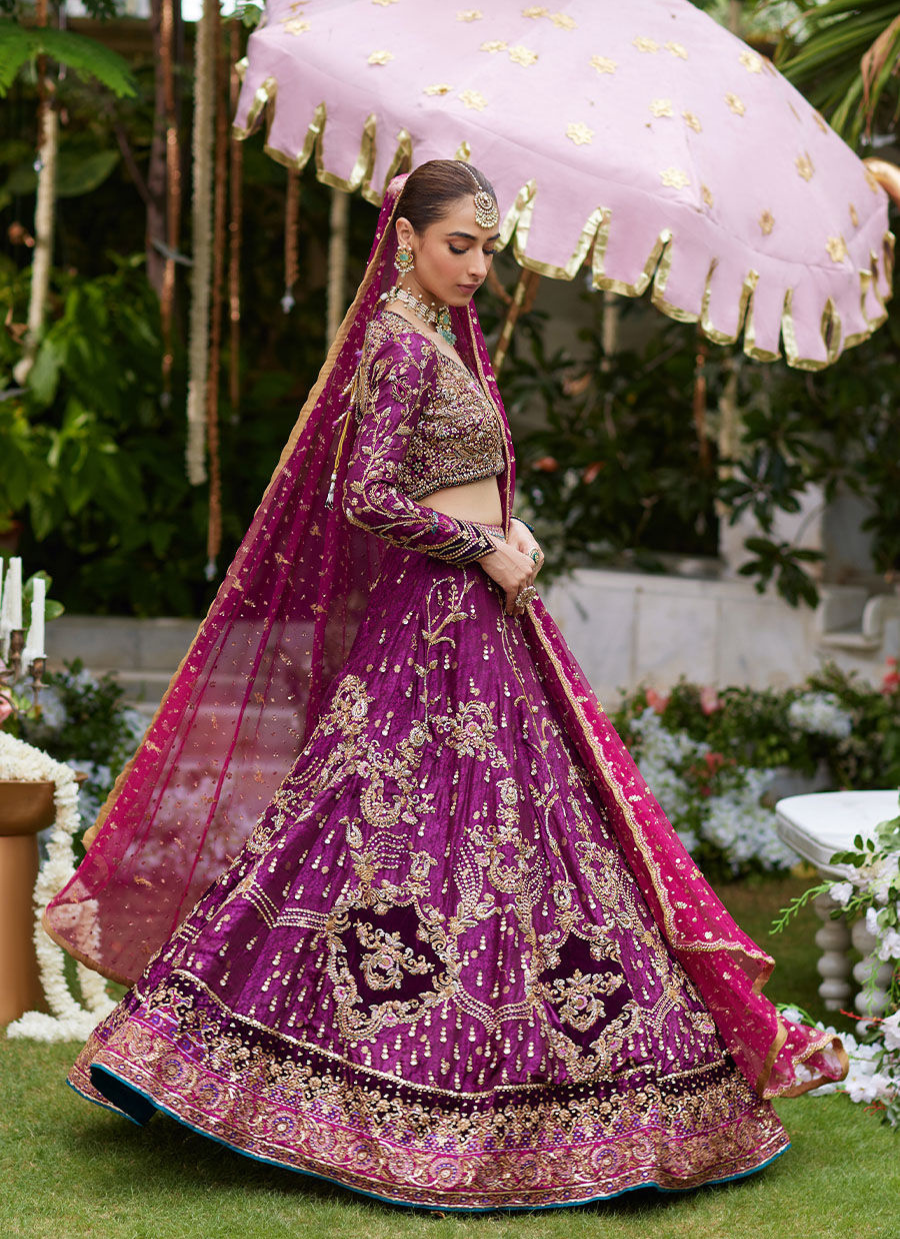 16 Plum Purple Lehenga Choli with Gold Embroidery and Pink Dupatta