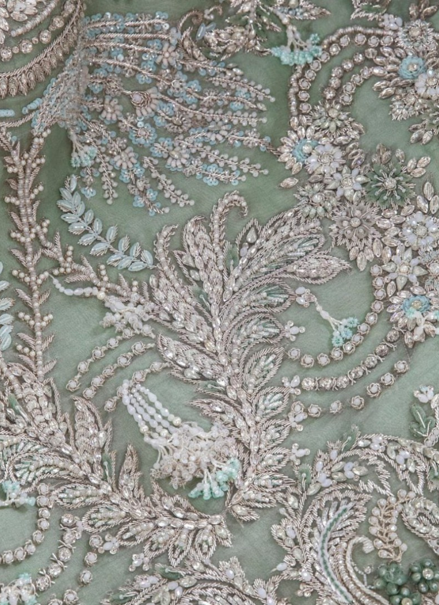 22 Mint Green Bridal Lehenga with Heavy Silver Embroidery